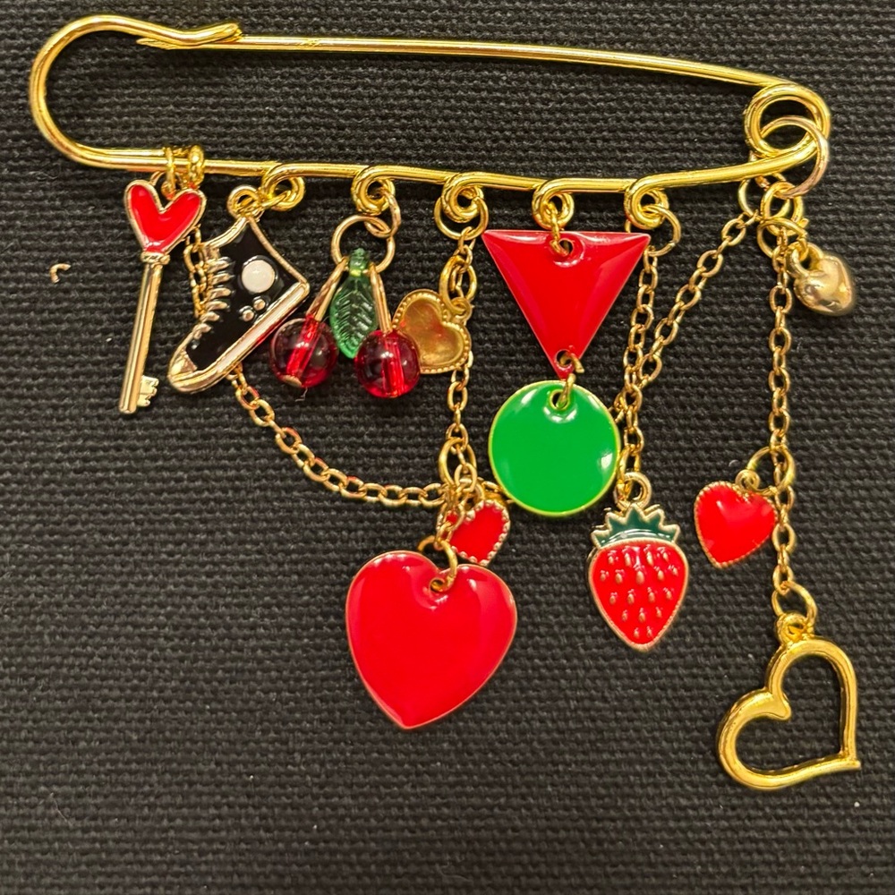 New fun Gold and Red Charm Safety Pin Brooch hearts fruit sneaker